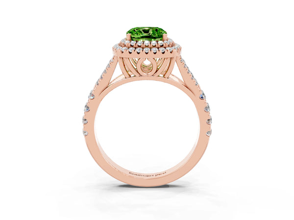 Rose gold Cushion Cut Peridot Double Halo Ring with Split Shank and Prong Setting