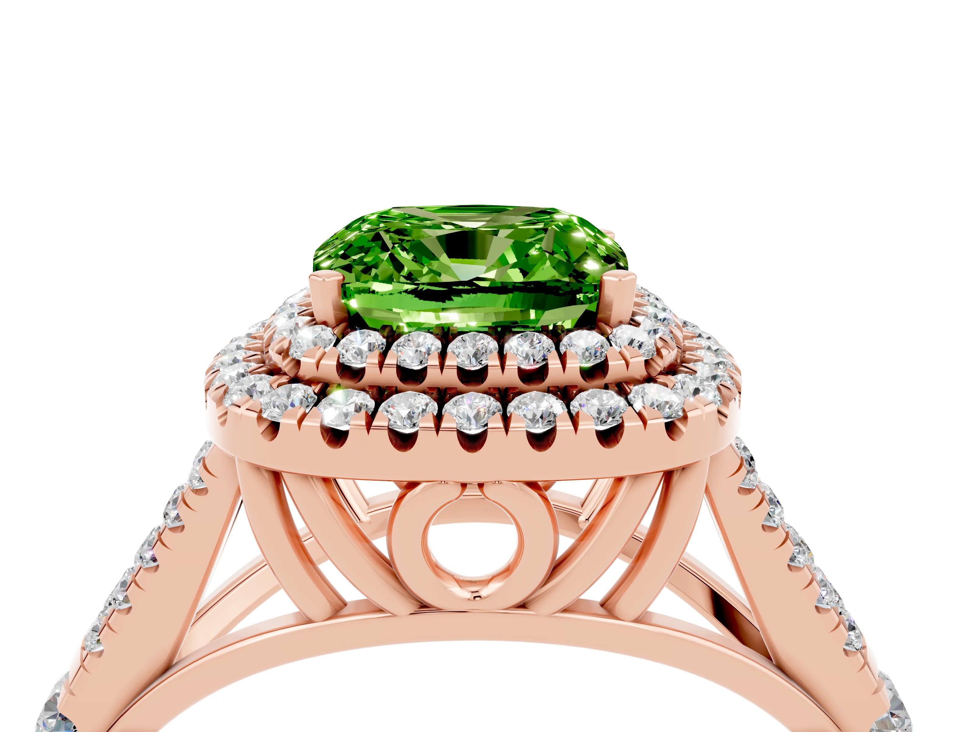 Rose gold Cushion Cut Peridot Double Halo Ring with Split Shank and Prong Setting_16