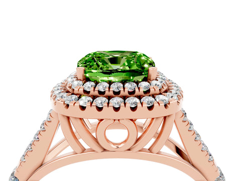 Rose gold Cushion Cut Peridot Double Halo Ring with Split Shank and Prong Setting_16
