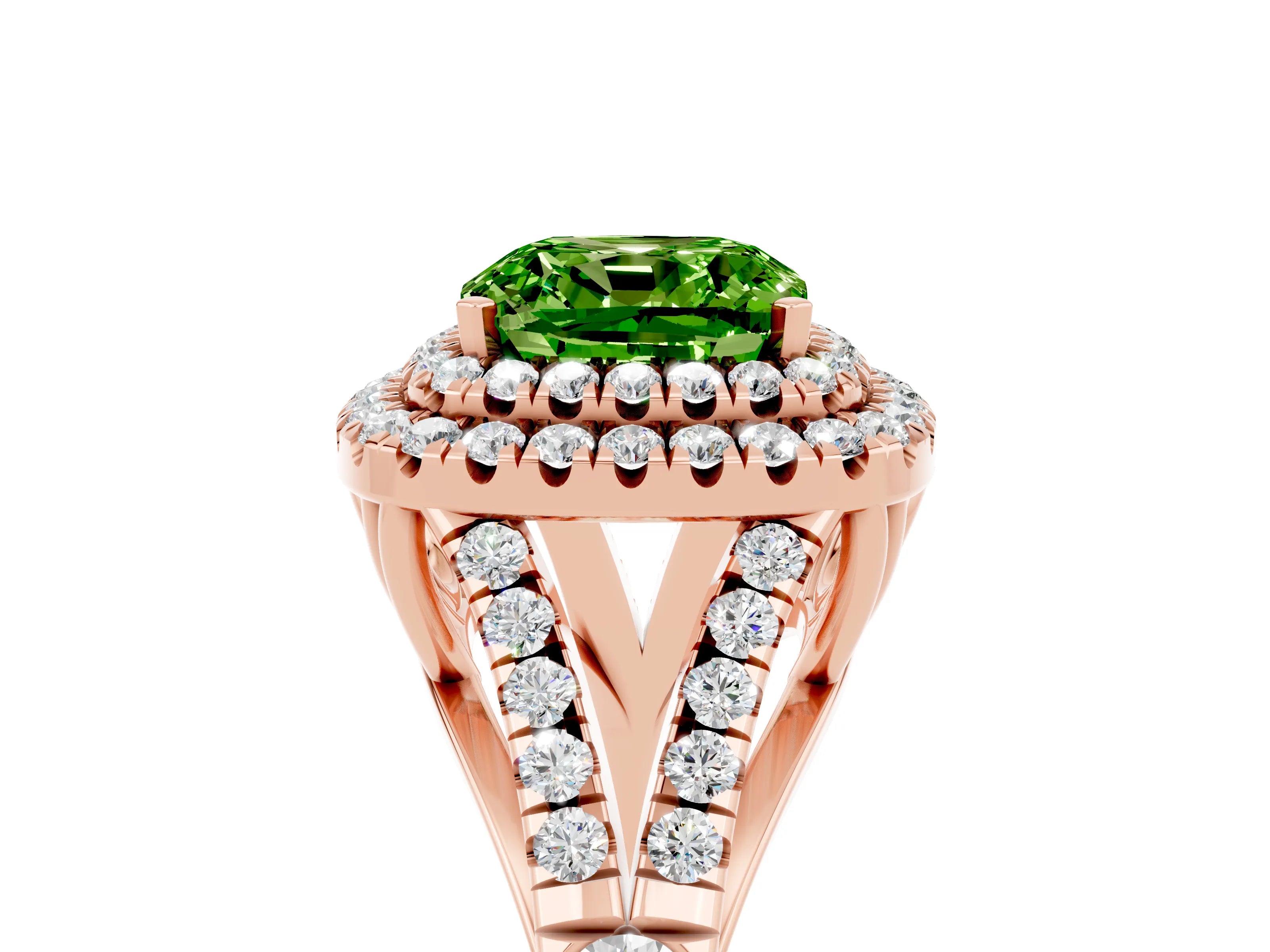 Rose gold Cushion Cut Peridot Double Halo Ring with Split Shank and Prong Setting_17