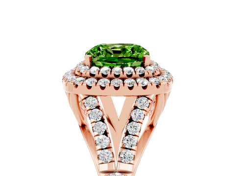 Rose gold Cushion Cut Peridot Double Halo Ring with Split Shank and Prong Setting_17