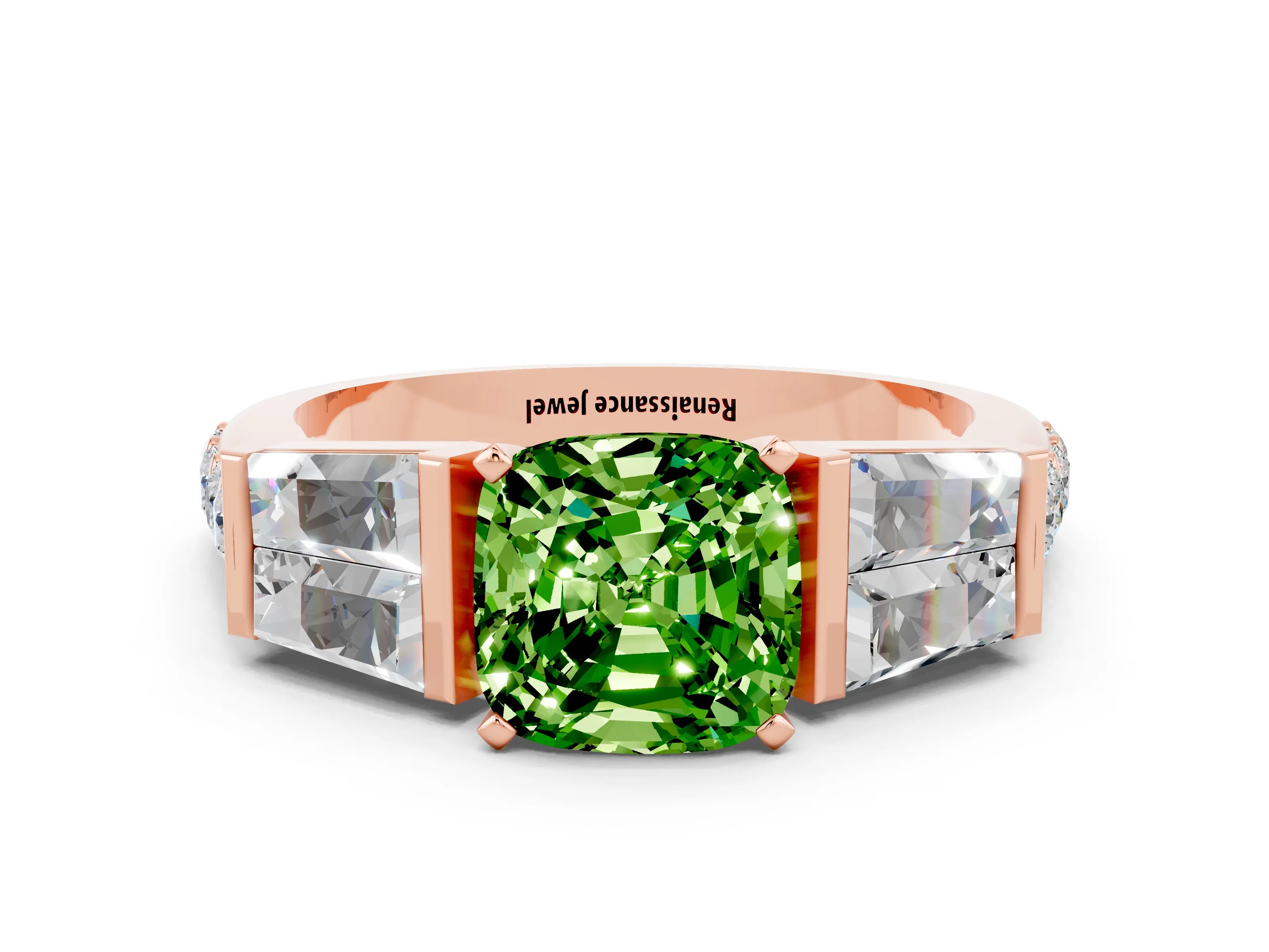 Rose gold Cushion Cut Peridot Engagement Ring with Baguette Side Stones and Channel Set Band