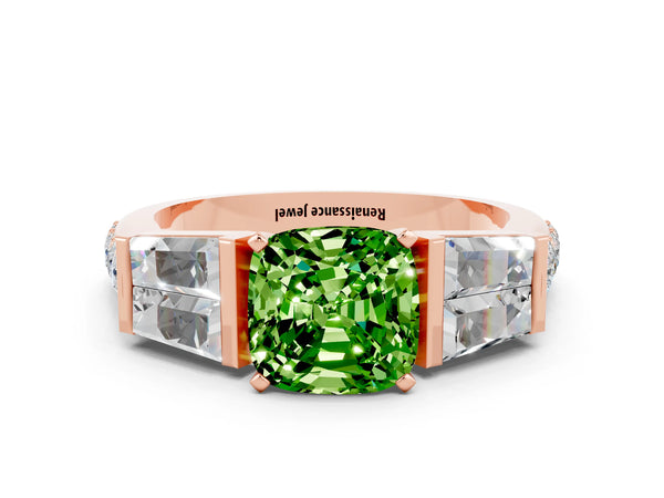 Rose gold Cushion Cut Peridot Engagement Ring with Baguette Side Stones and Channel Set Band