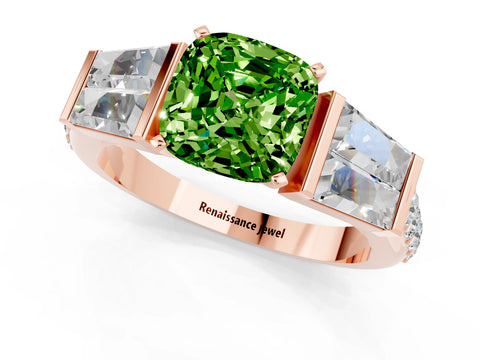Rose gold Cushion Cut Peridot Engagement Ring with Baguette Side Stones and Channel Set Band_1