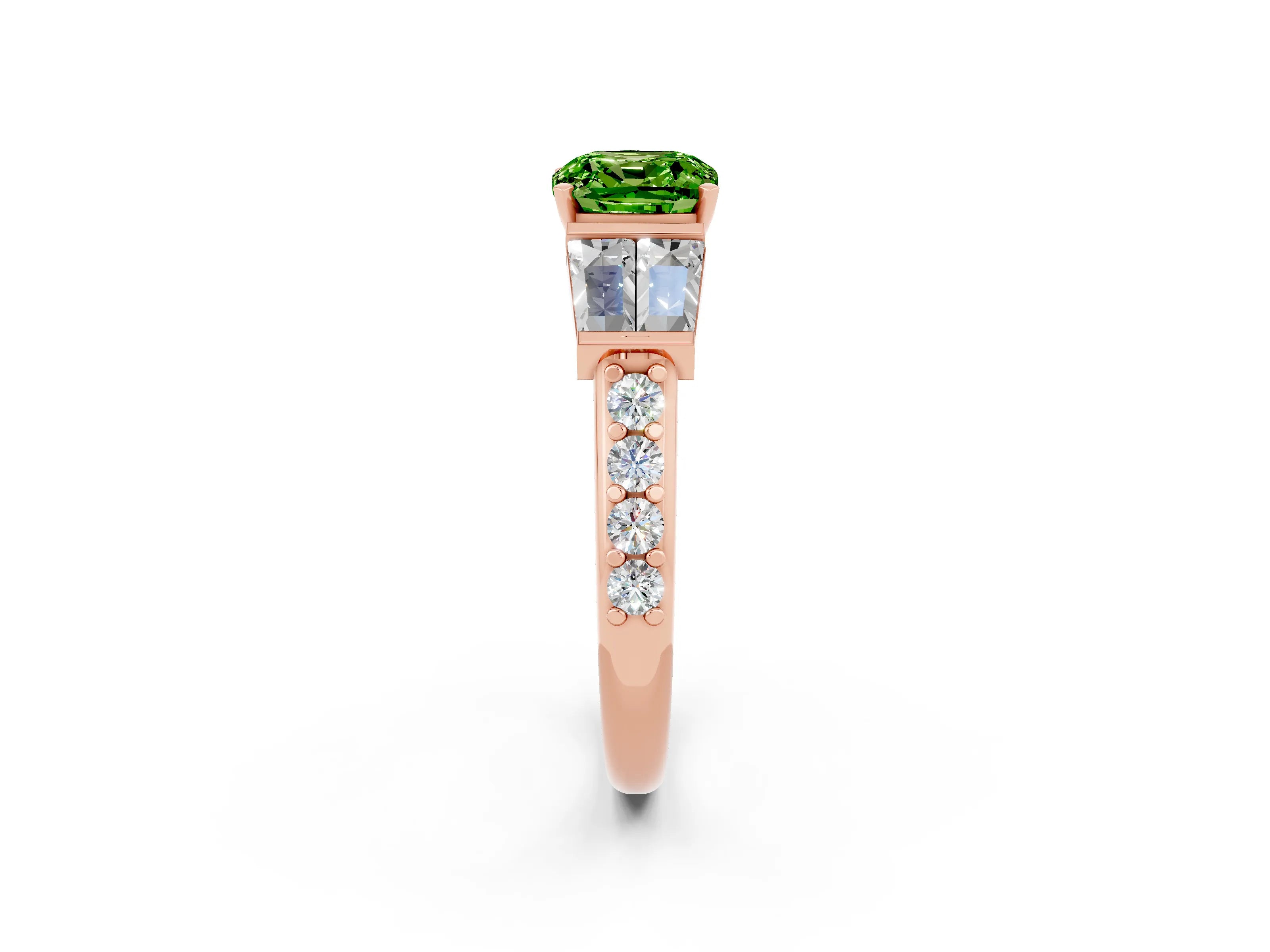 Rose gold Cushion Cut Peridot Engagement Ring with Baguette Side Stones and Channel Set Band_2