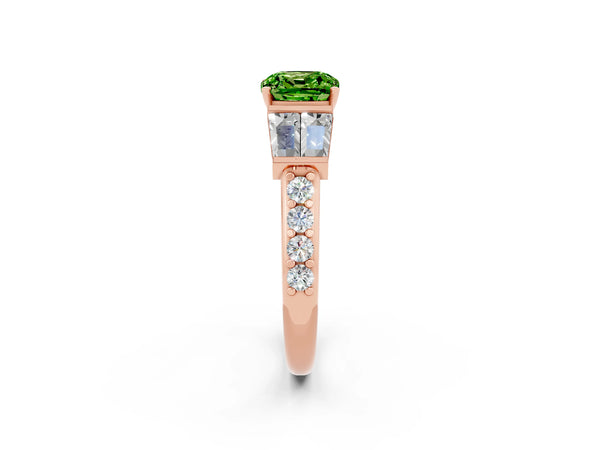 Rose gold Cushion Cut Peridot Engagement Ring with Baguette Side Stones and Channel Set Band
