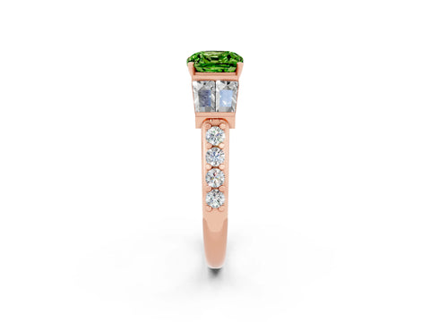 Rose gold Cushion Cut Peridot Engagement Ring with Baguette Side Stones and Channel Set Band_2