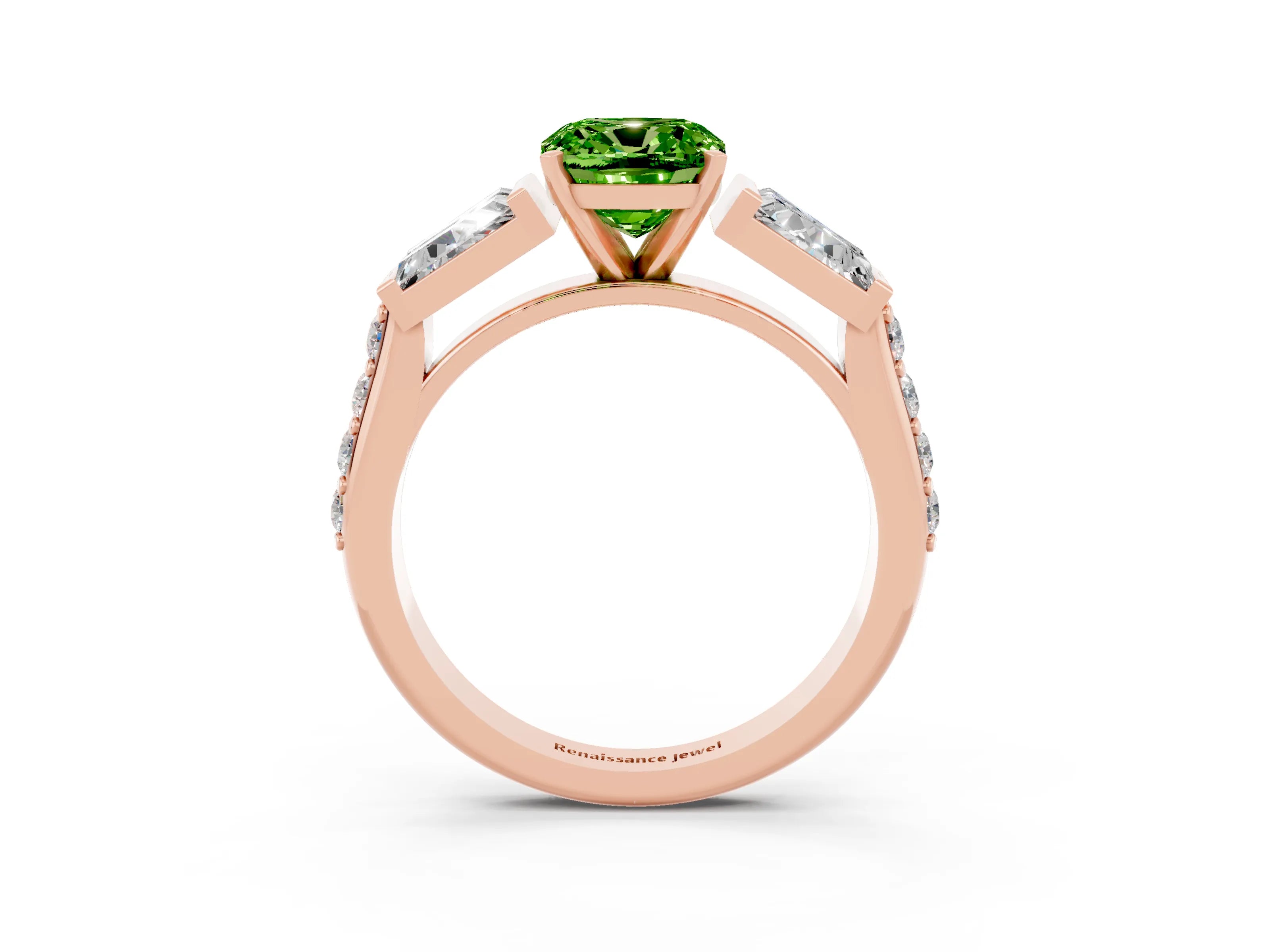Rose gold Cushion Cut Peridot Engagement Ring with Baguette Side Stones and Channel Set Band_3