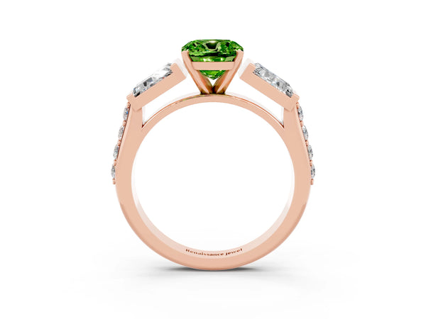 Rose gold Cushion Cut Peridot Engagement Ring with Baguette Side Stones and Channel Set Band