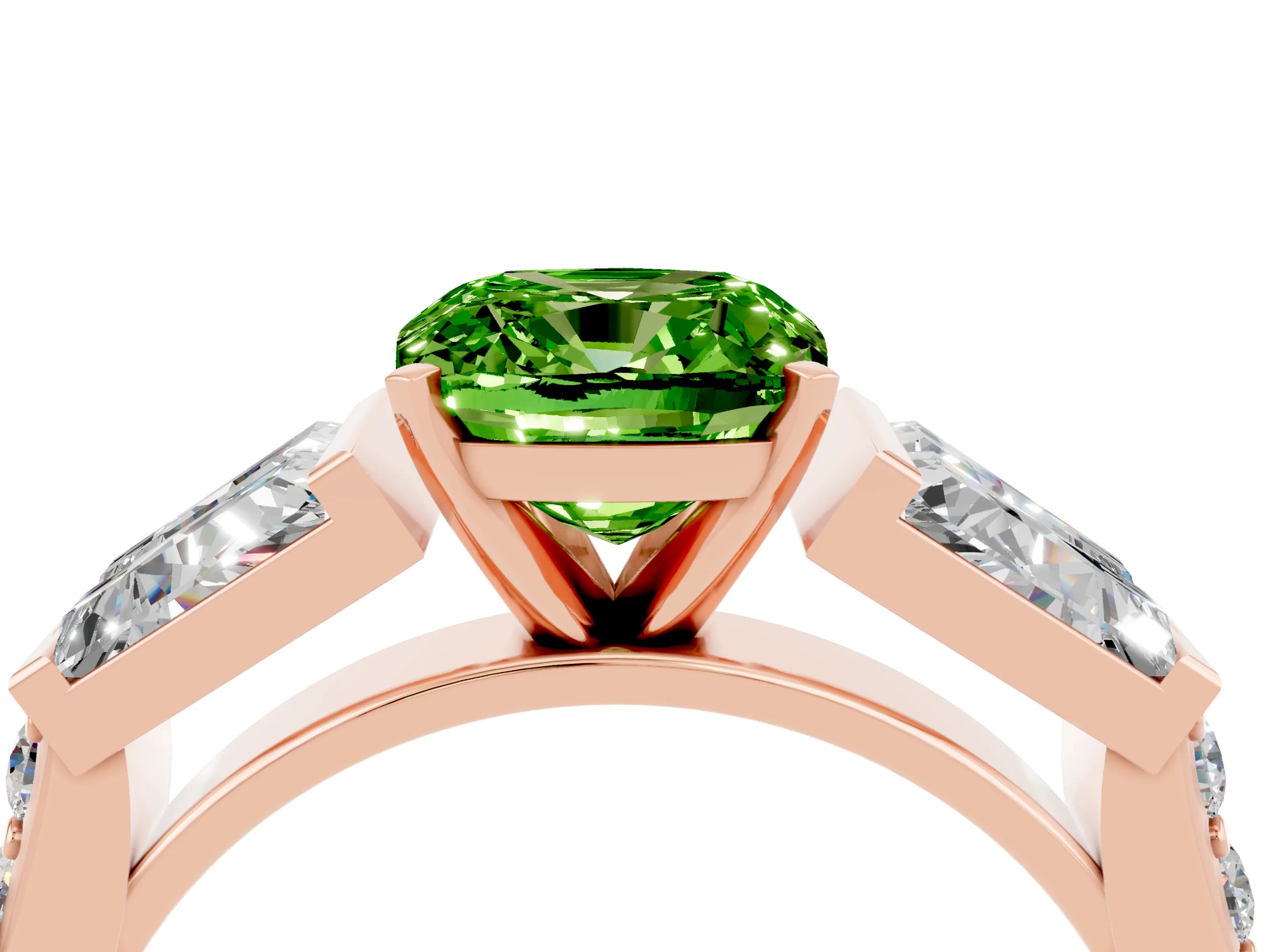 Rose gold Cushion Cut Peridot Engagement Ring with Baguette Side Stones and Channel Set Band_4