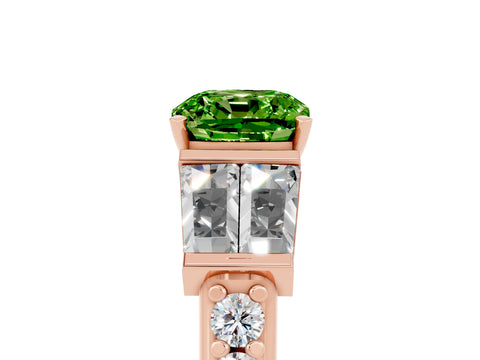 Rose gold Cushion Cut Peridot Engagement Ring with Baguette Side Stones and Channel Set Band_5