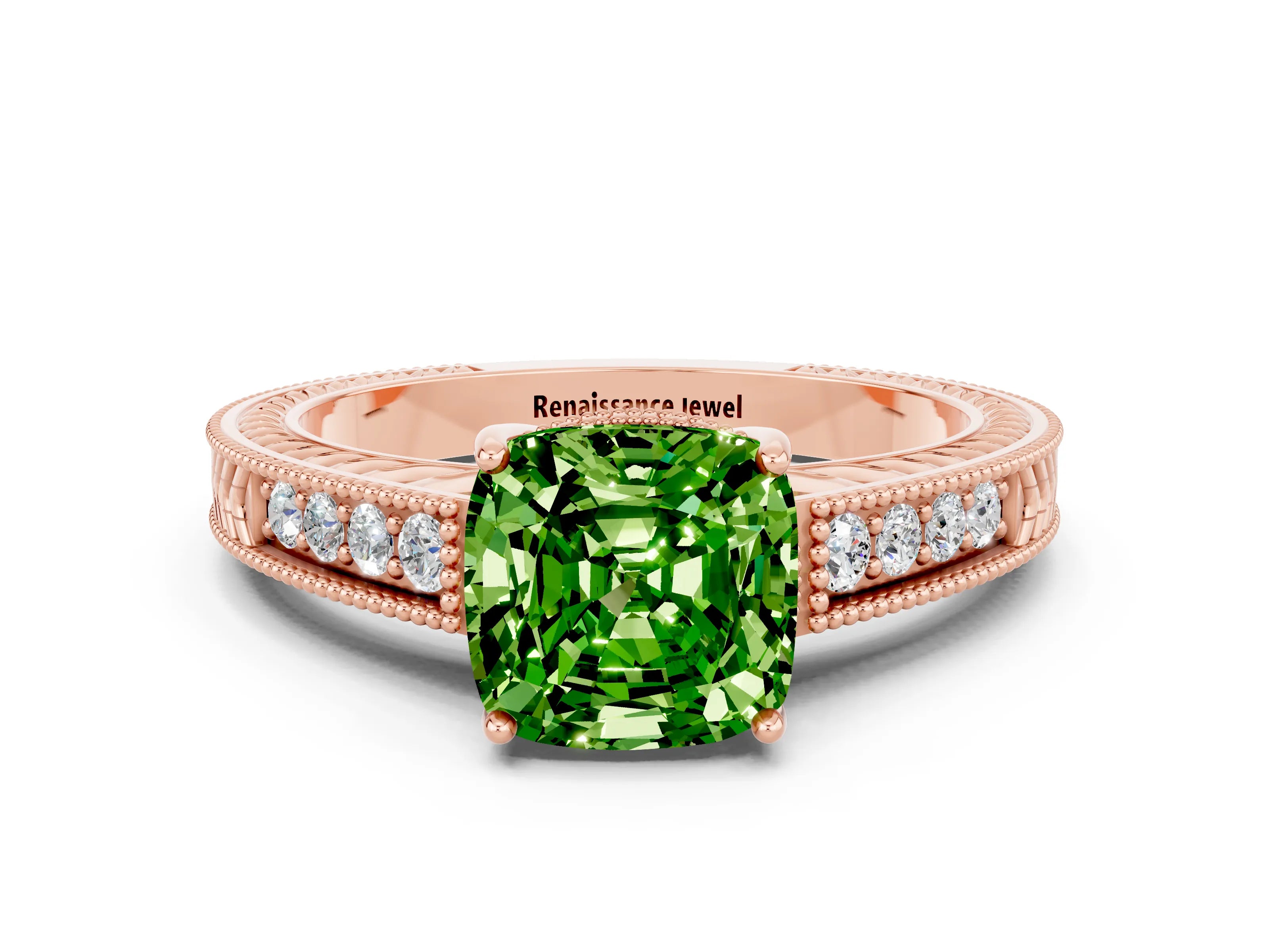Rose gold Cushion Cut Peridot Engagement Ring with Milgrain Channel Set Band and Prong Setting