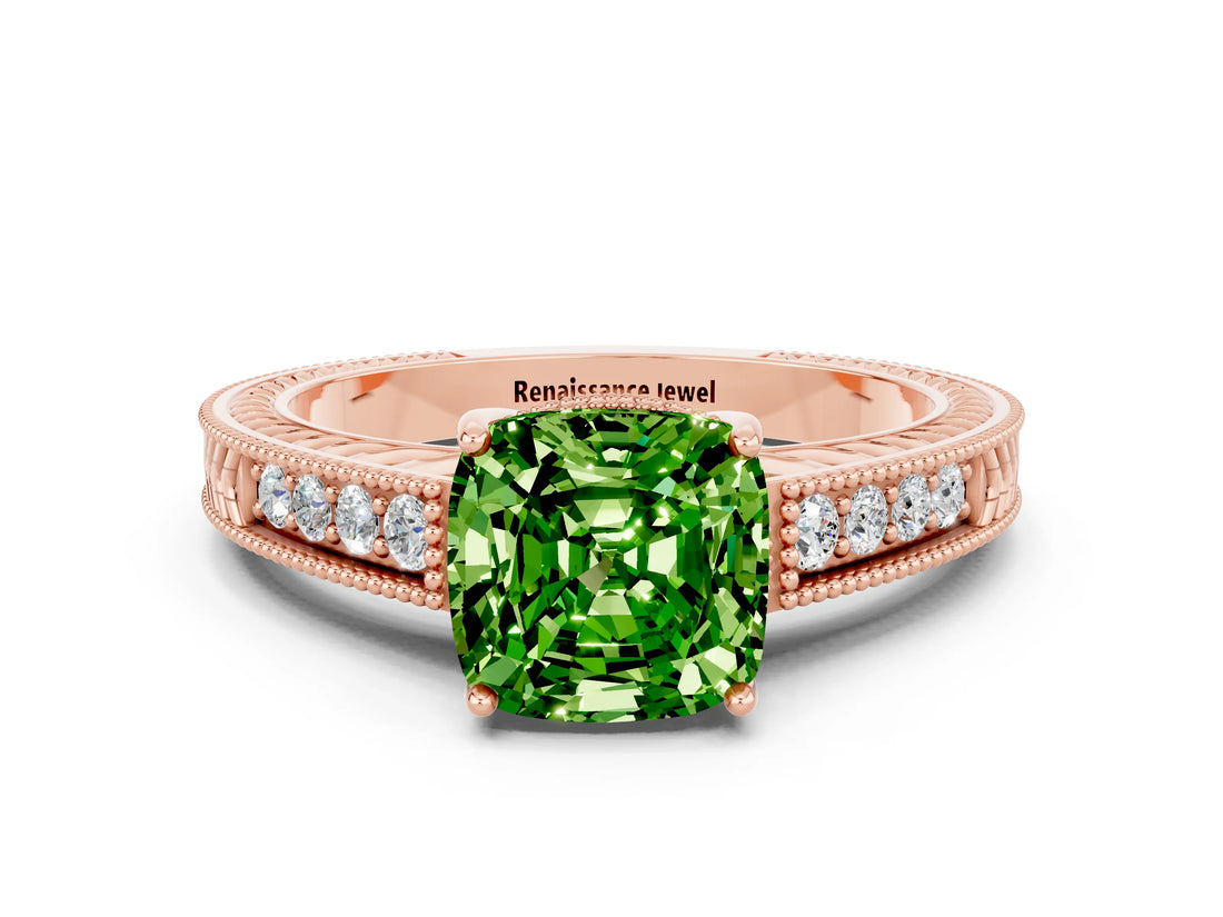 Rose gold Cushion Cut Peridot Engagement Ring with Milgrain Channel Set Band and Prong Setting