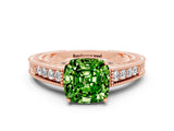 Rose gold Cushion Cut Peridot Engagement Ring with Milgrain Channel Set Band and Prong Setting