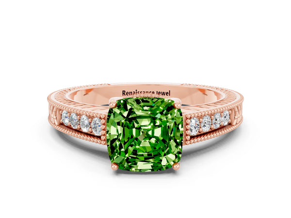 Rose gold Cushion Cut Peridot Engagement Ring with Milgrain Channel Set Band and Prong Setting