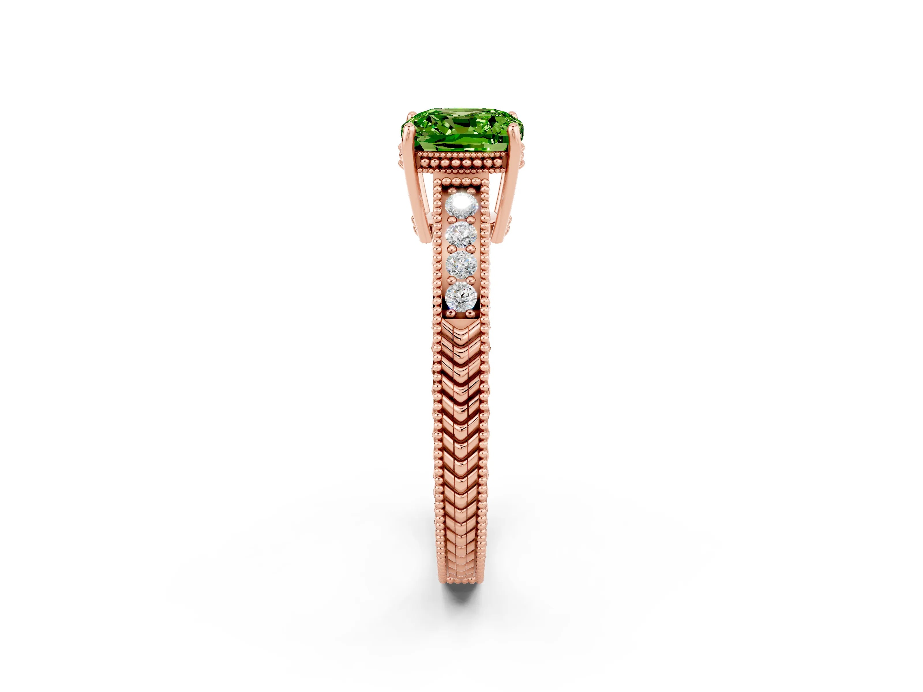 Rose gold Cushion Cut Peridot Engagement Ring with Milgrain Channel Set Band and Prong Setting_2