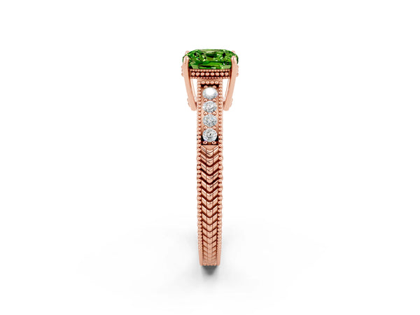Rose gold Cushion Cut Peridot Engagement Ring with Milgrain Channel Set Band and Prong Setting