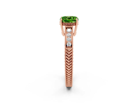 Rose gold Cushion Cut Peridot Engagement Ring with Milgrain Channel Set Band and Prong Setting_2