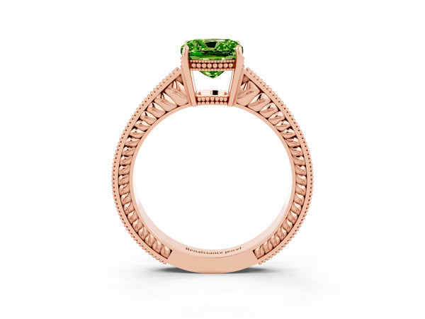 Rose gold Cushion Cut Peridot Engagement Ring with Milgrain Channel Set Band and Prong Setting