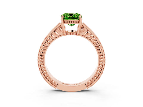 Rose gold Cushion Cut Peridot Engagement Ring with Milgrain Channel Set Band and Prong Setting_3