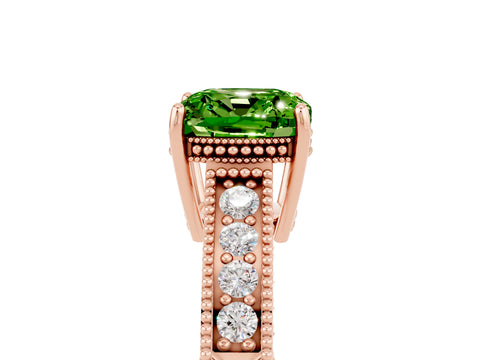 Rose gold Cushion Cut Peridot Engagement Ring with Milgrain Channel Set Band and Prong Setting_5