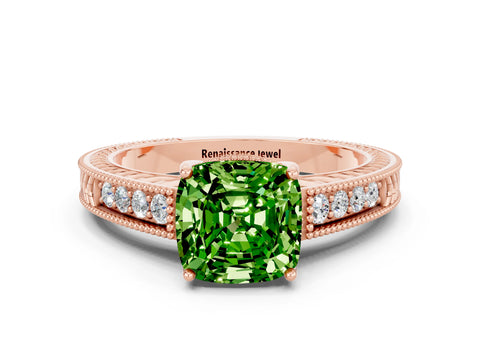 Rose gold Cushion Cut Peridot Engagement Ring with Milgrain Channel Set Band and Prong Setting