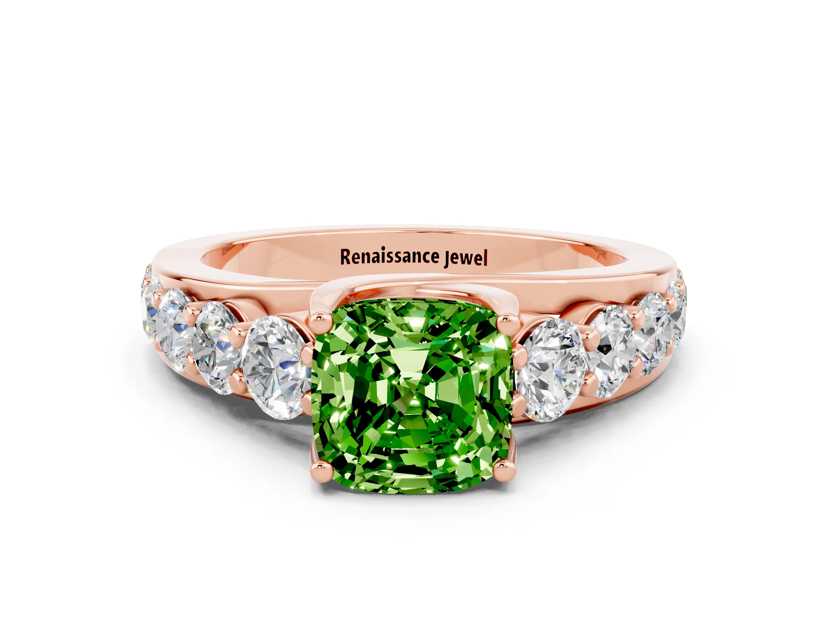 Rose gold Cushion Cut Peridot Engagement Ring with Pavé Band and Four-Prong Setting