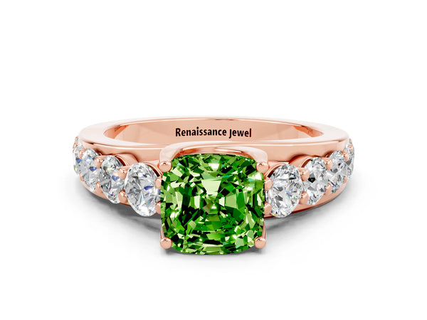 Rose gold Cushion Cut Peridot Engagement Ring with Pavé Band and Four-Prong Setting