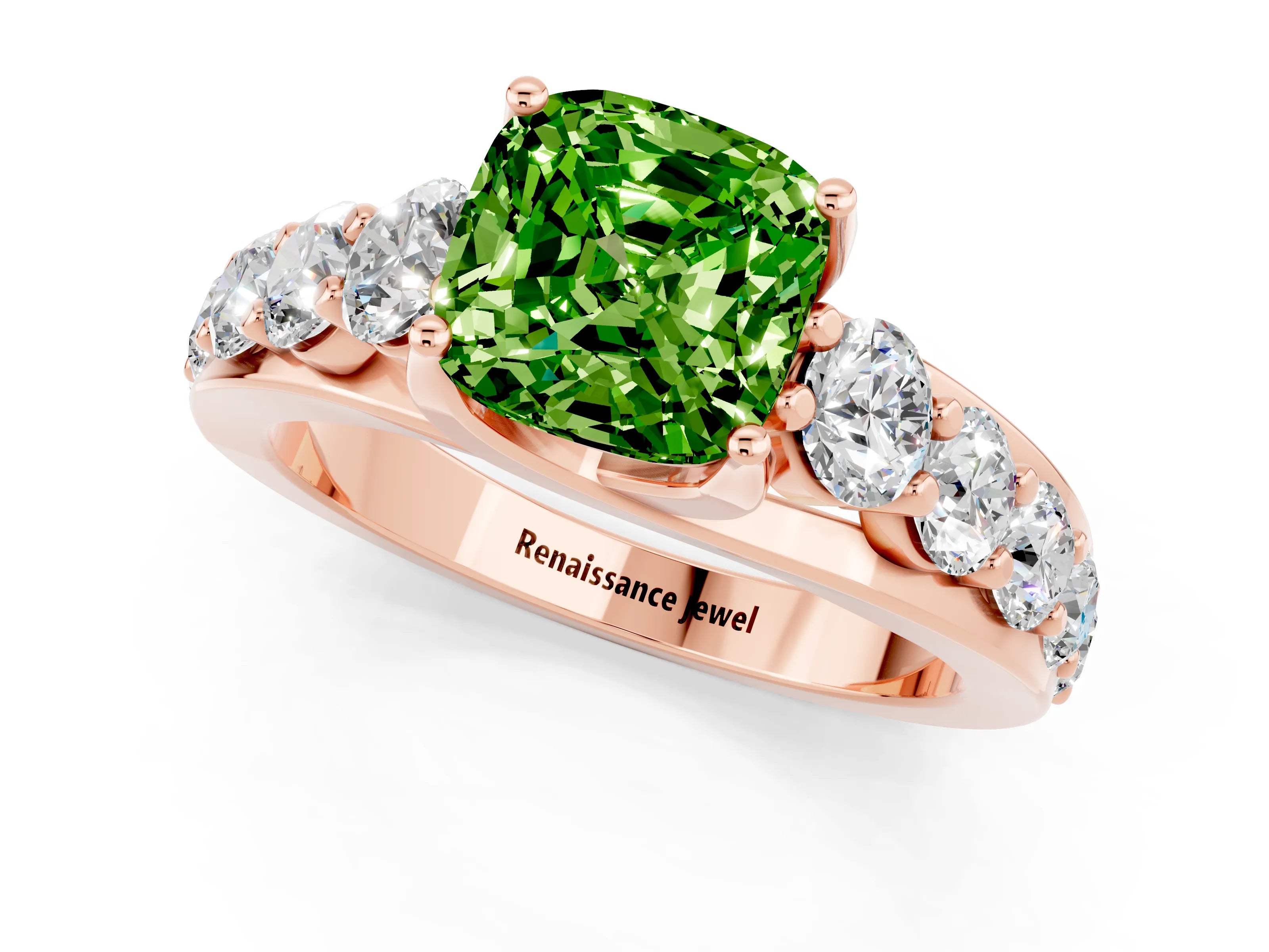 Rose gold Cushion Cut Peridot Engagement Ring with Pavé Band and Four-Prong Setting_1