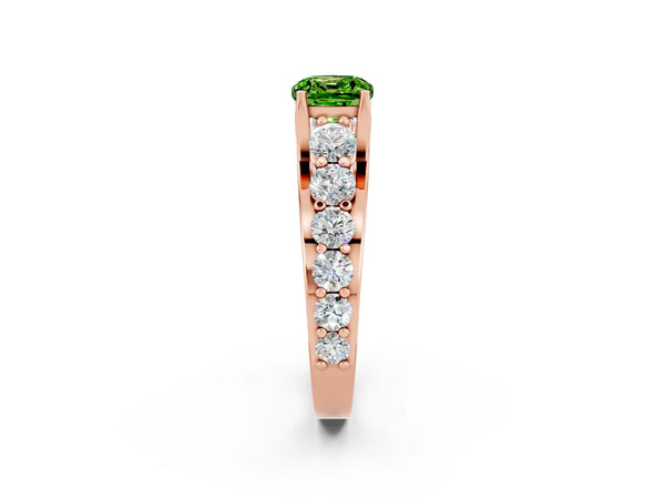 Rose gold Cushion Cut Peridot Engagement Ring with Pavé Band and Four-Prong Setting