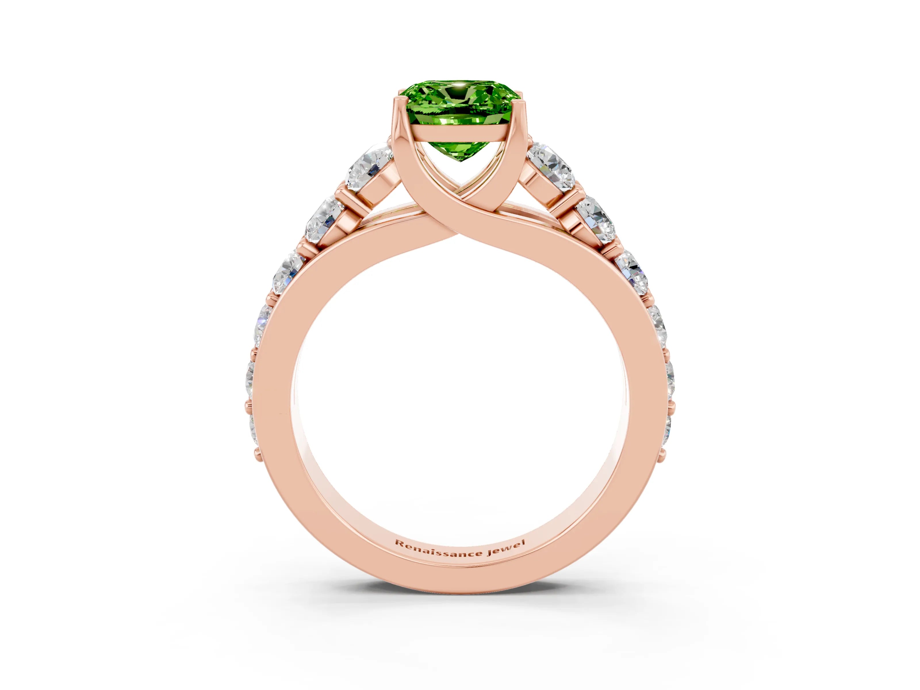 Rose gold Cushion Cut Peridot Engagement Ring with Pavé Band and Four-Prong Setting_3