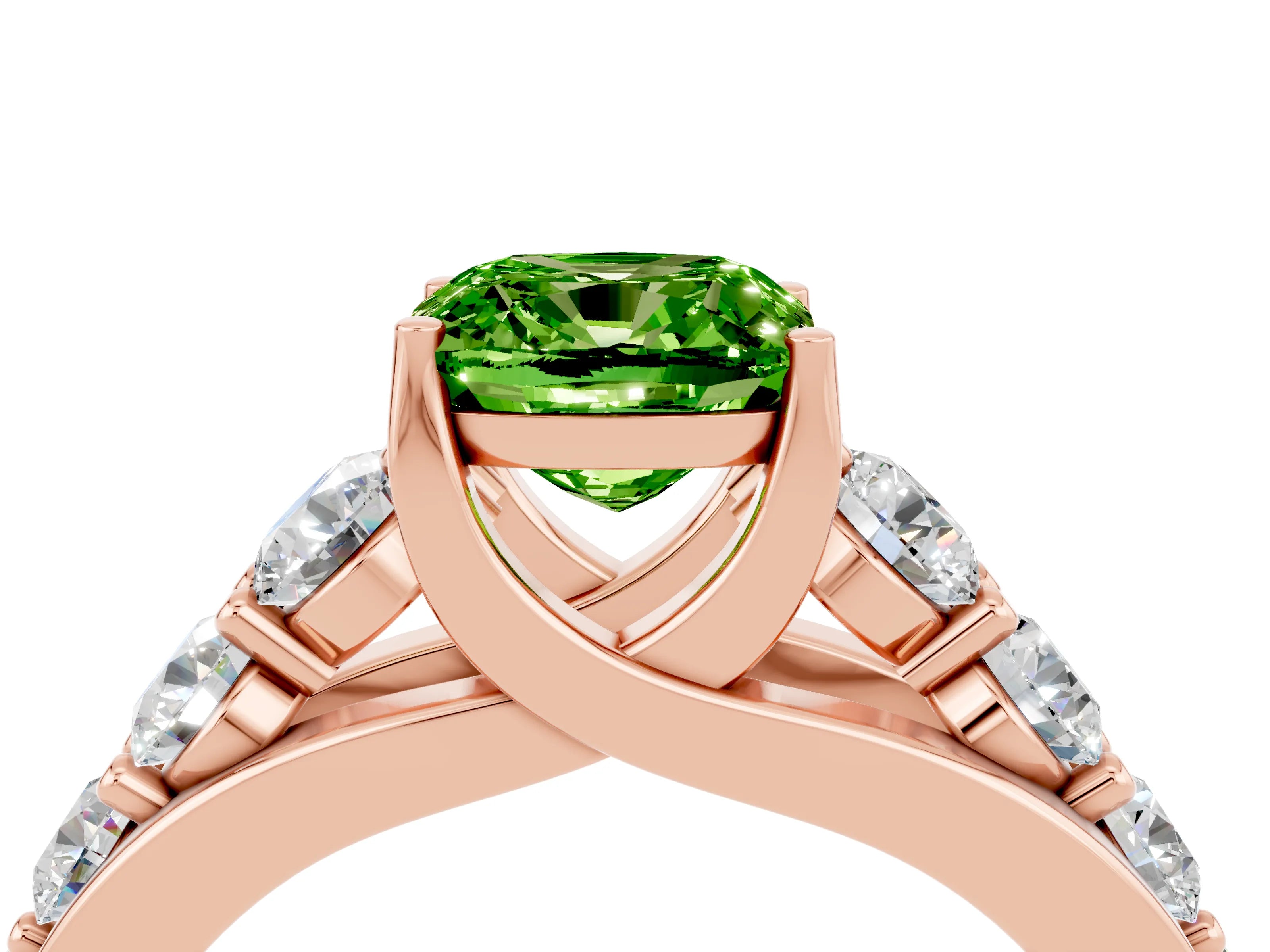 Rose gold Cushion Cut Peridot Engagement Ring with Pavé Band and Four-Prong Setting_4