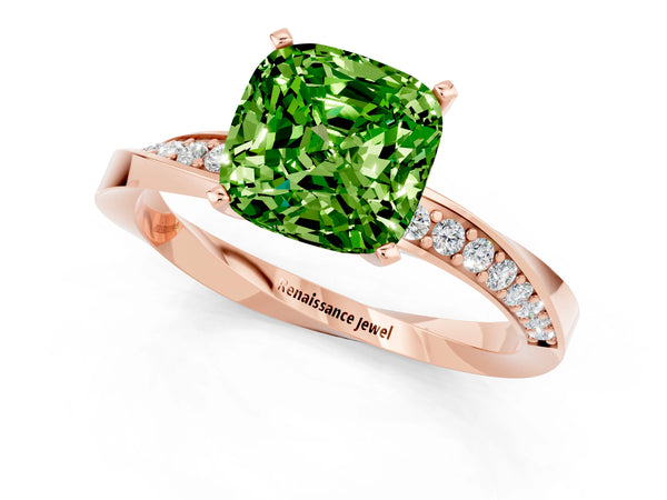 Rose gold Cushion Cut Peridot Engagement Ring with Side Stone Accents and Four-Prong Setting
