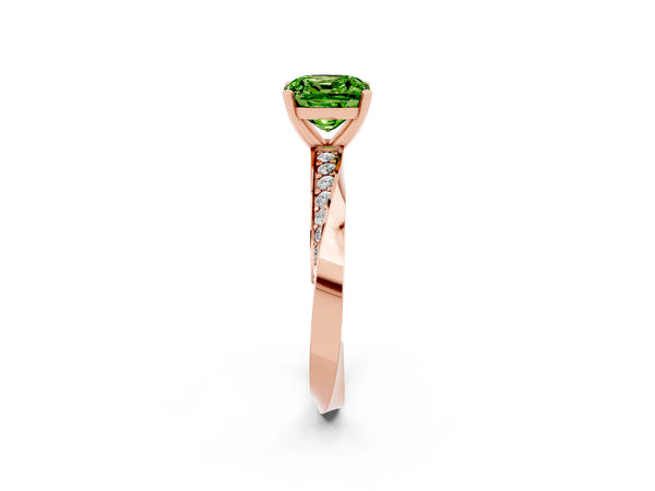 Rose gold Cushion Cut Peridot Engagement Ring with Side Stone Accents and Four-Prong Setting