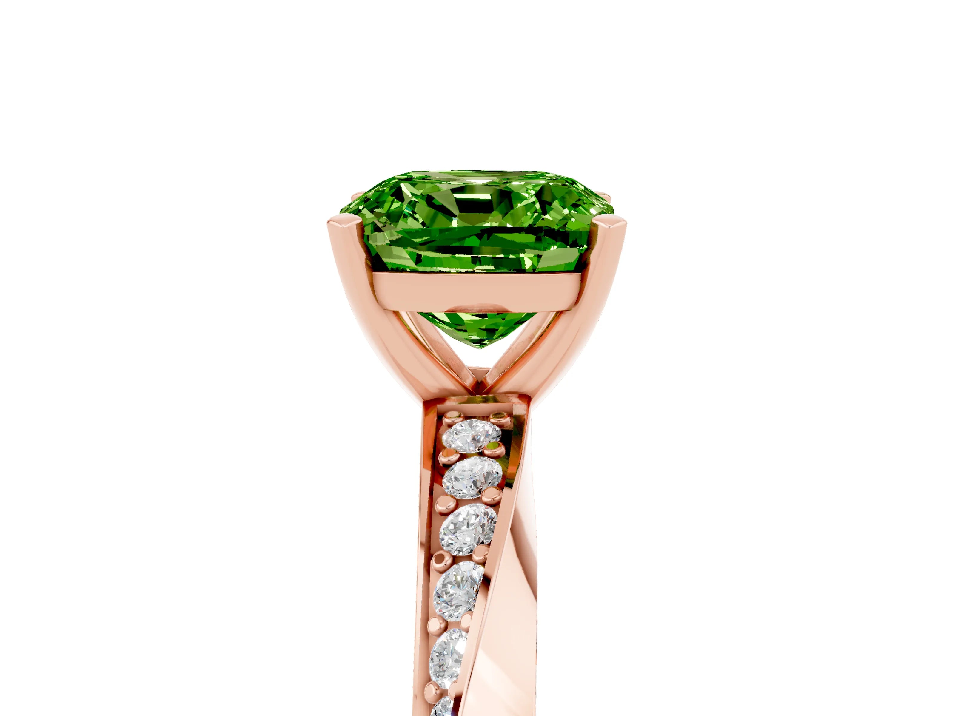 Rose gold Cushion Cut Peridot Engagement Ring with Side Stone Accents and Four-Prong Setting_32