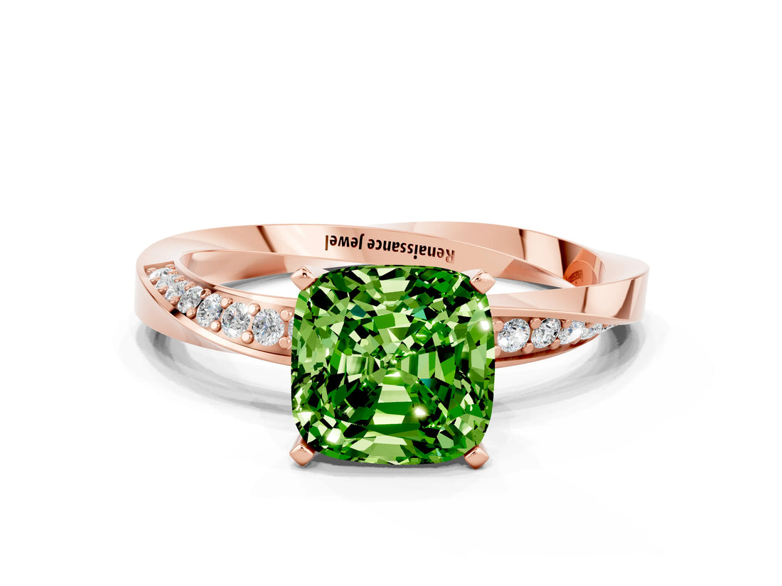 Rose gold Cushion Cut Peridot Engagement Ring with Side Stone Accents and Four-Prong Setting_84