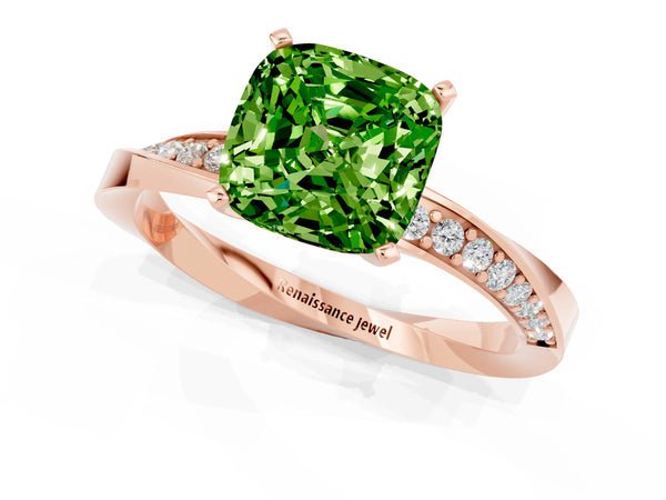 Rose gold Cushion Cut Peridot Engagement Ring with Side Stone Accents and Four-Prong Setting