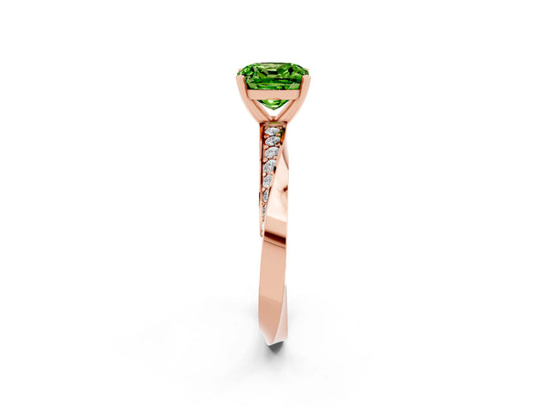 Rose gold Cushion Cut Peridot Engagement Ring with Side Stone Accents and Four-Prong Setting