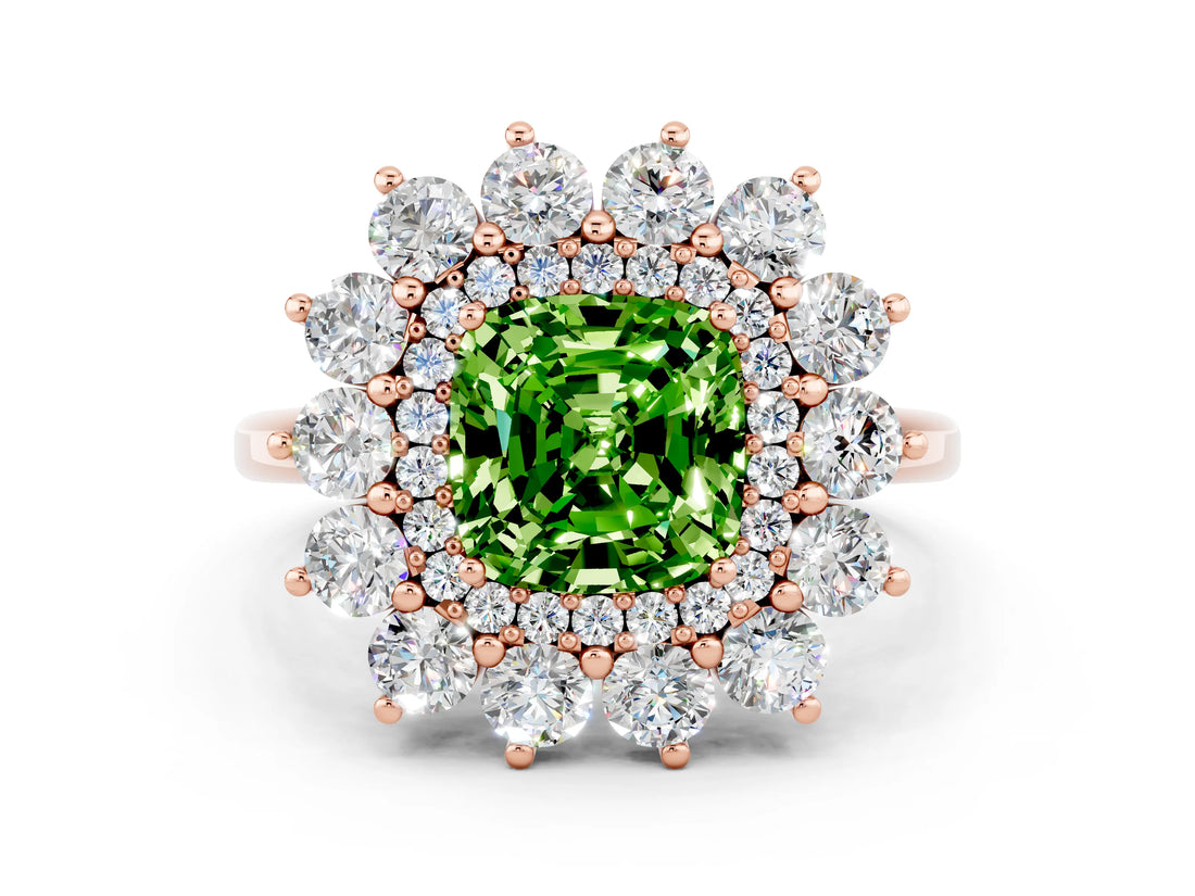 Rose gold Cushion Cut Peridot Floral Double Halo Engagement Ring with Prong Setting_60