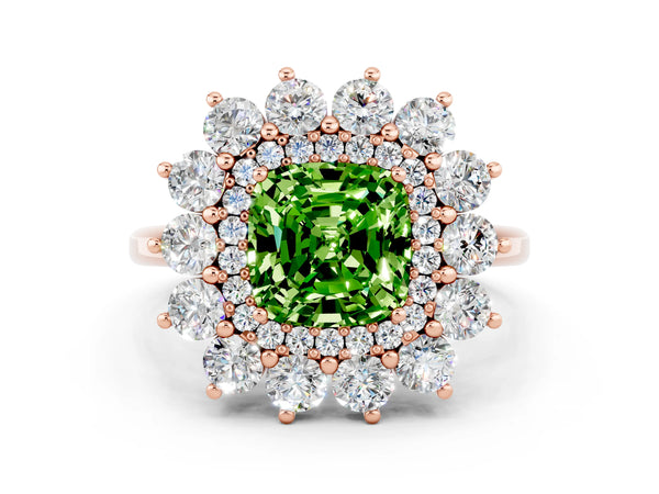 Rose gold Cushion Cut Peridot Floral Double Halo Engagement Ring with Prong Setting