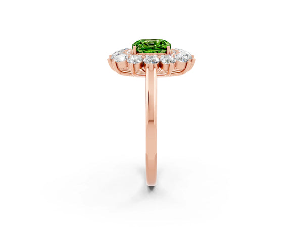 Rose gold Cushion Cut Peridot Floral Double Halo Engagement Ring with Prong Setting
