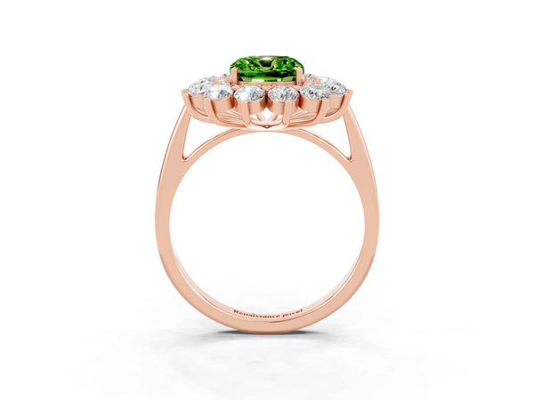 Rose gold Cushion Cut Peridot Floral Double Halo Engagement Ring with Prong Setting