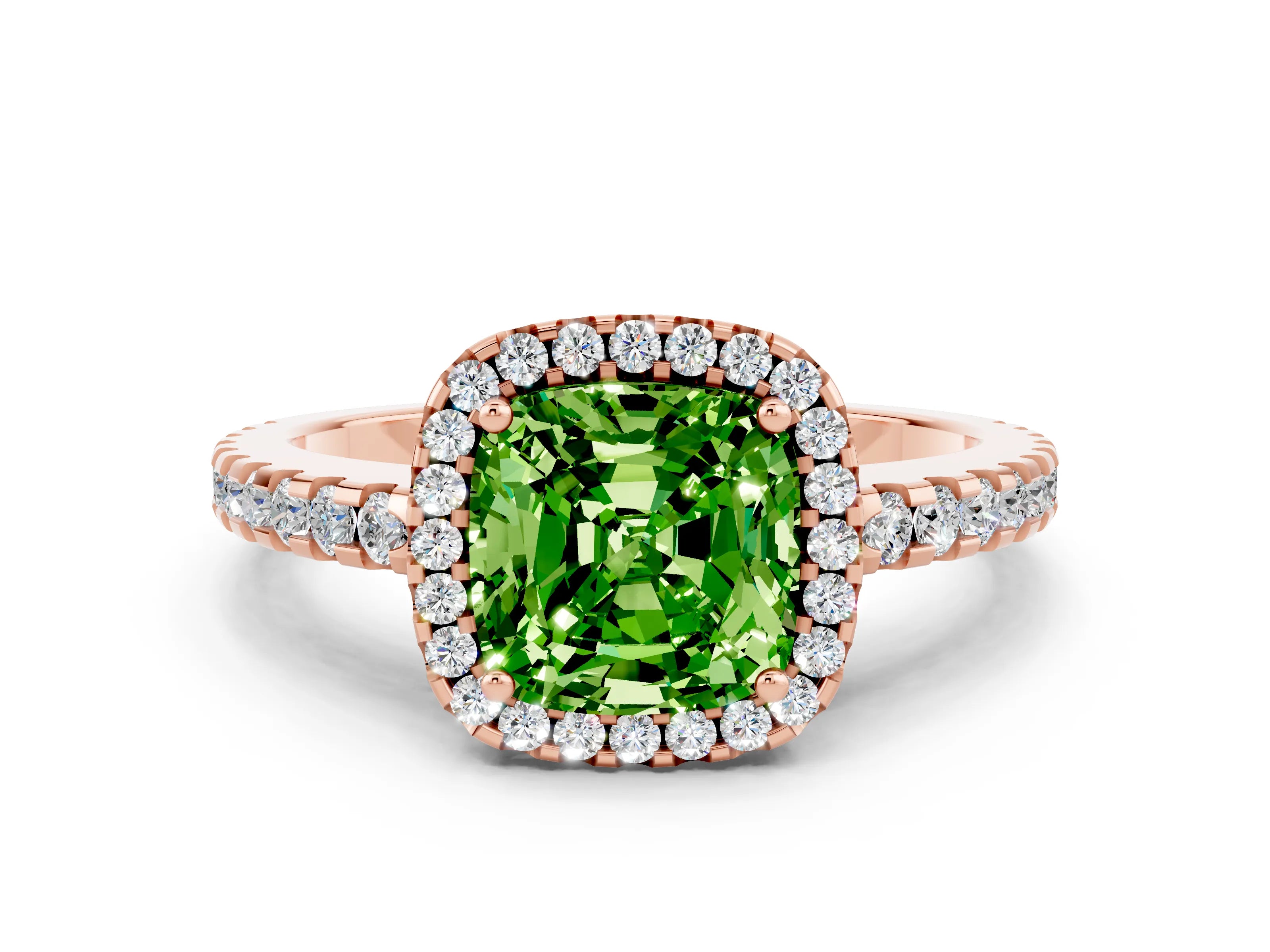 Rose gold Cushion Cut Peridot Halo Engagement Ring with Pavé Band and Prong Setting_12