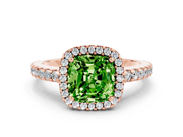 Rose gold Cushion Cut Peridot Halo Engagement Ring with Pavé Band and Prong Setting
