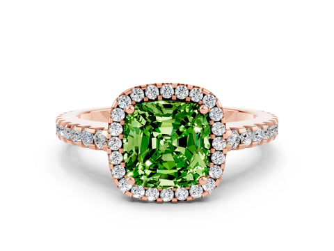 Rose gold Cushion Cut Peridot Halo Engagement Ring with Pavé Band and Prong Setting_12