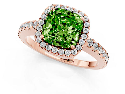 Rose gold Cushion Cut Peridot Halo Engagement Ring with Pavé Band and Prong Setting_13