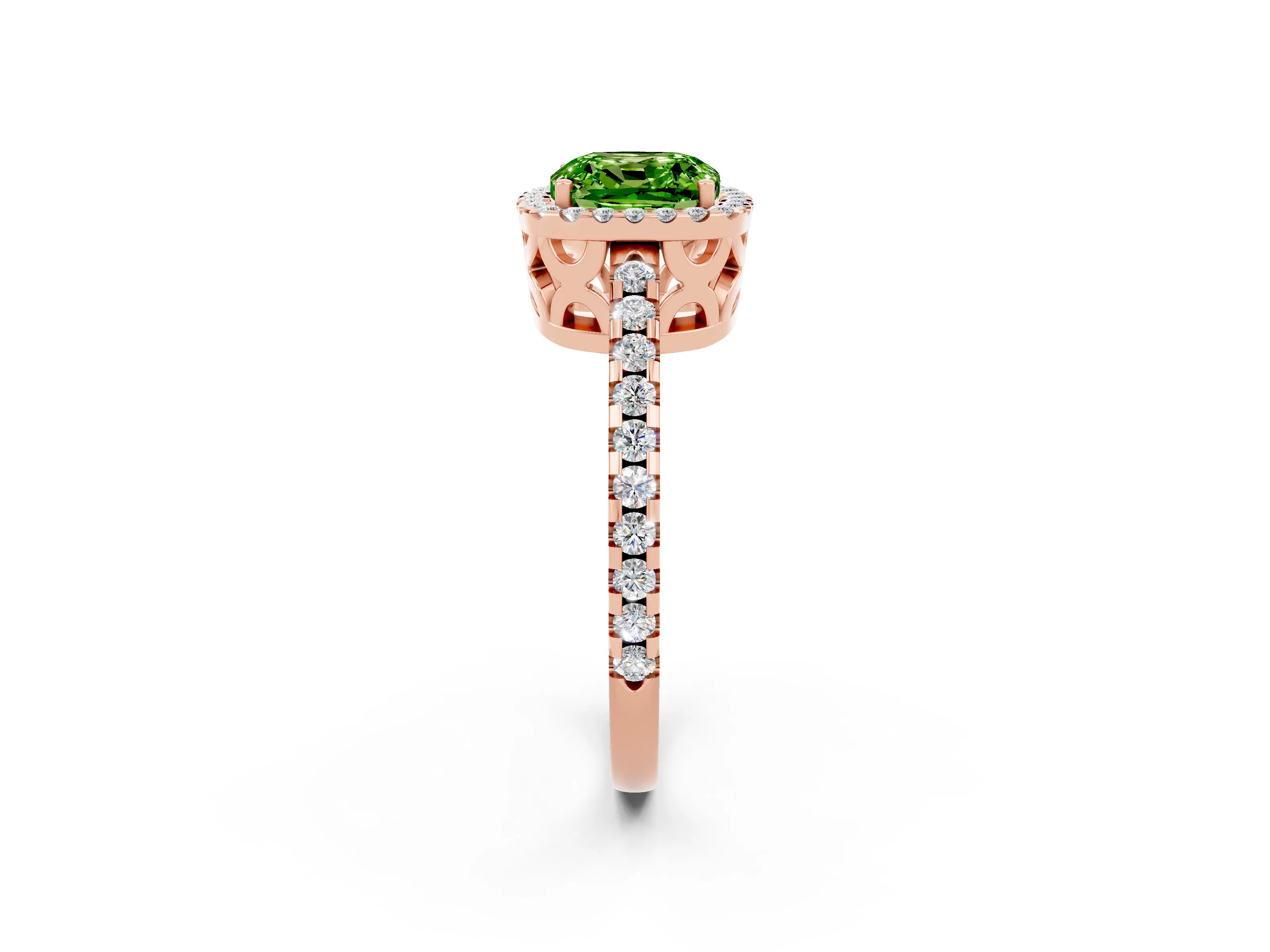 Rose gold Cushion Cut Peridot Halo Engagement Ring with Pavé Band and Prong Setting_14