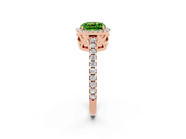 Rose gold Cushion Cut Peridot Halo Engagement Ring with Pavé Band and Prong Setting