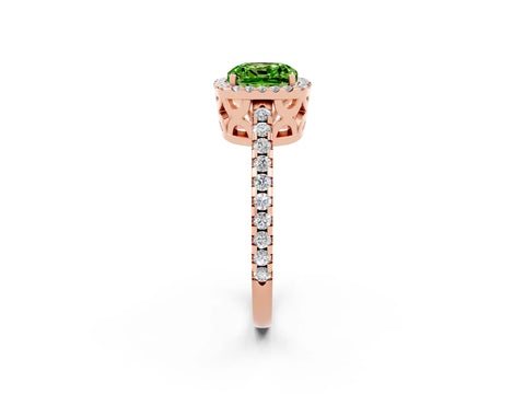 Rose gold Cushion Cut Peridot Halo Engagement Ring with Pavé Band and Prong Setting_14