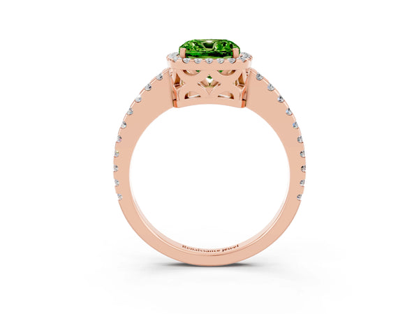Rose gold Cushion Cut Peridot Halo Engagement Ring with Pavé Band and Prong Setting